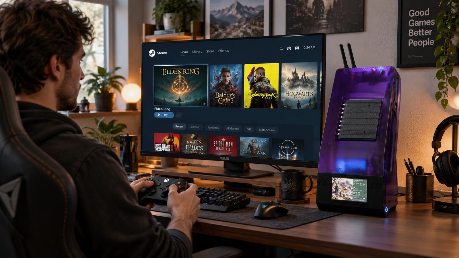 Original AI-generated concept of the earlier BC250 case on a gaming desk beside a Steam library, with a seated player using a gamepad.