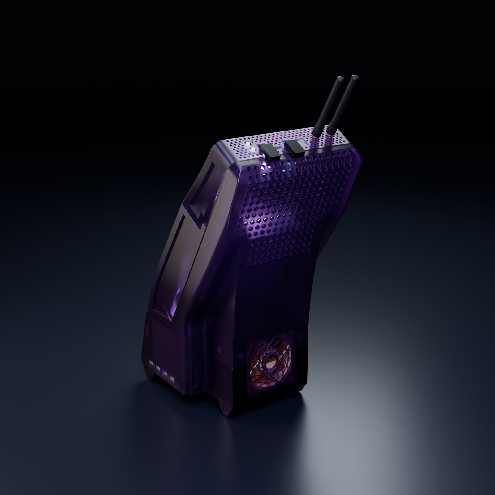 Original website rear studio render of the earlier BC250 enclosure, with perforated covers, twin antennas and the lower fan opening.