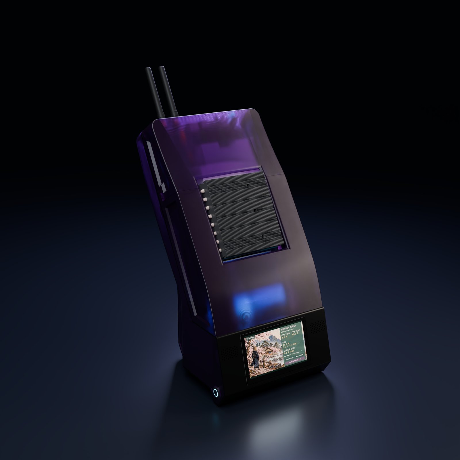 Original website studio render of the earlier BC250 enclosure, with translucent purple covers and its resource display.