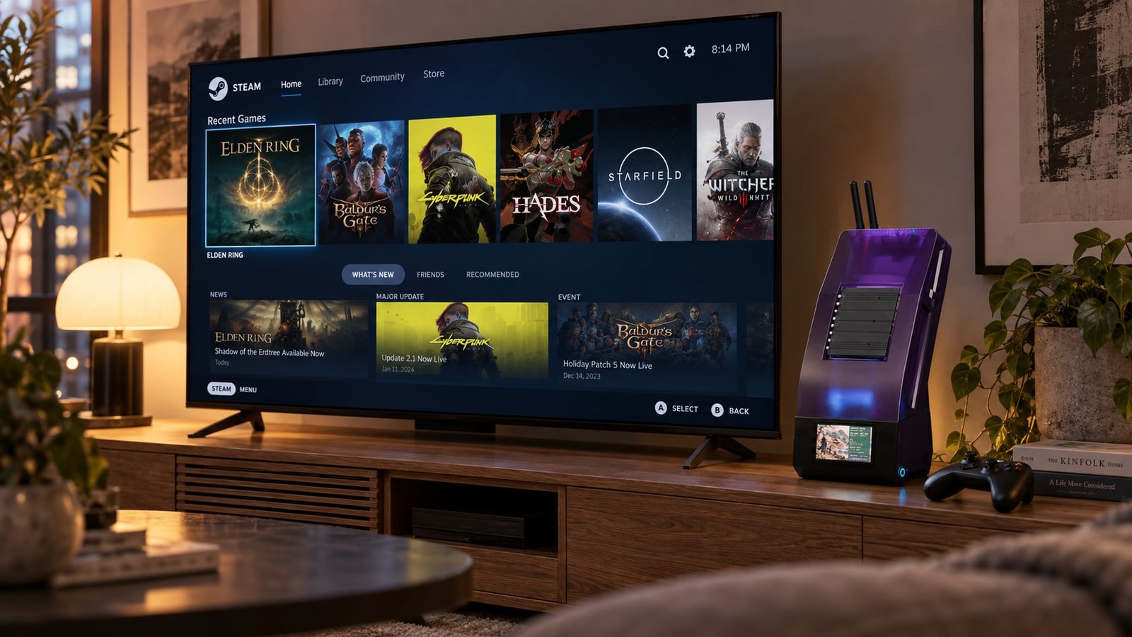 Original AI-generated concept of the earlier BC250 case beside a 55-inch OLED television showing Steam, with a gamepad on the media console.