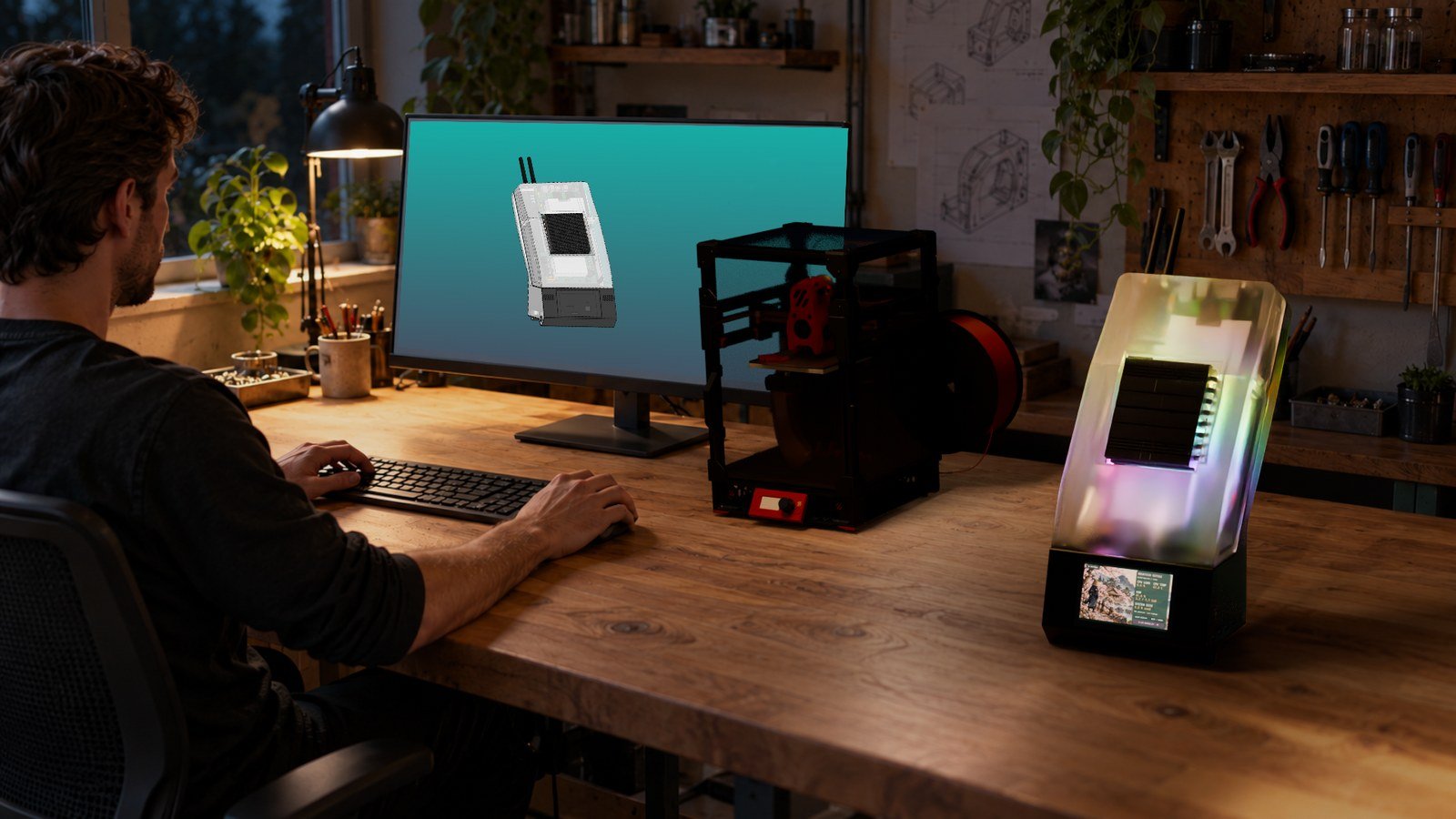 CAD-based night render of BC250 Ronin on a maker desk, with RGB light glowing through frosted printed covers and its display awake.