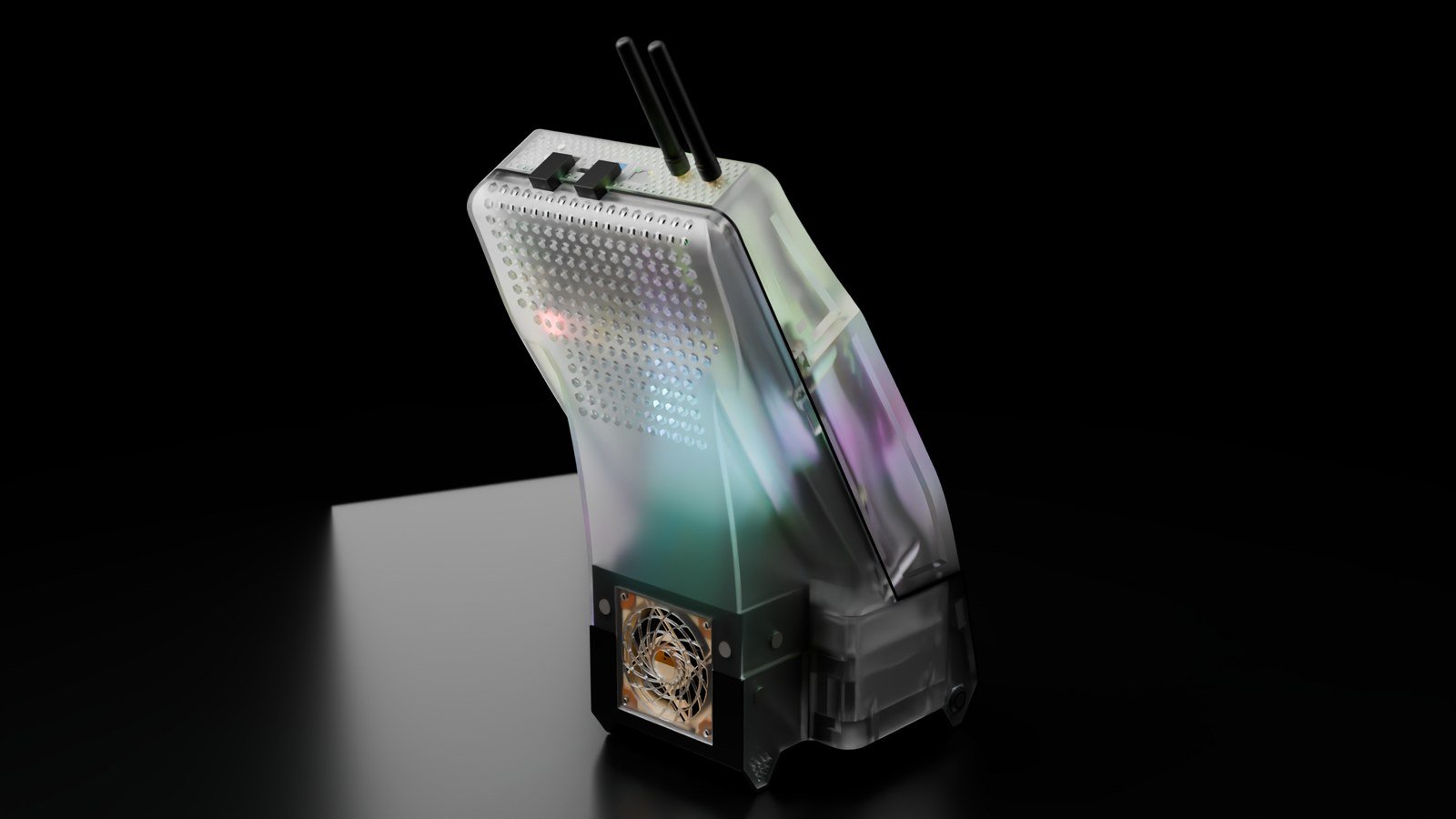 CAD-based rear render of BC250 Ronin with untinted frosted covers, rainbow light diffusing through the structure, twin antennas, and the lower fan opening.