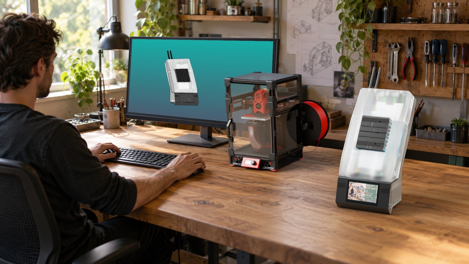 CAD-based render of BC250 Ronin on a maker desk beside a Voron V0.2r1 printer and a monitor displaying a case CAD view, with a generated maker background.