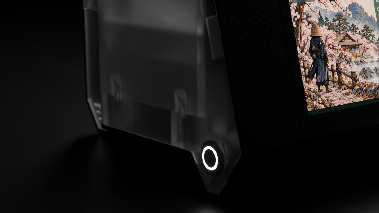 Close-up CAD render of the main power button with its fixed neutral-white integral ring illuminated.