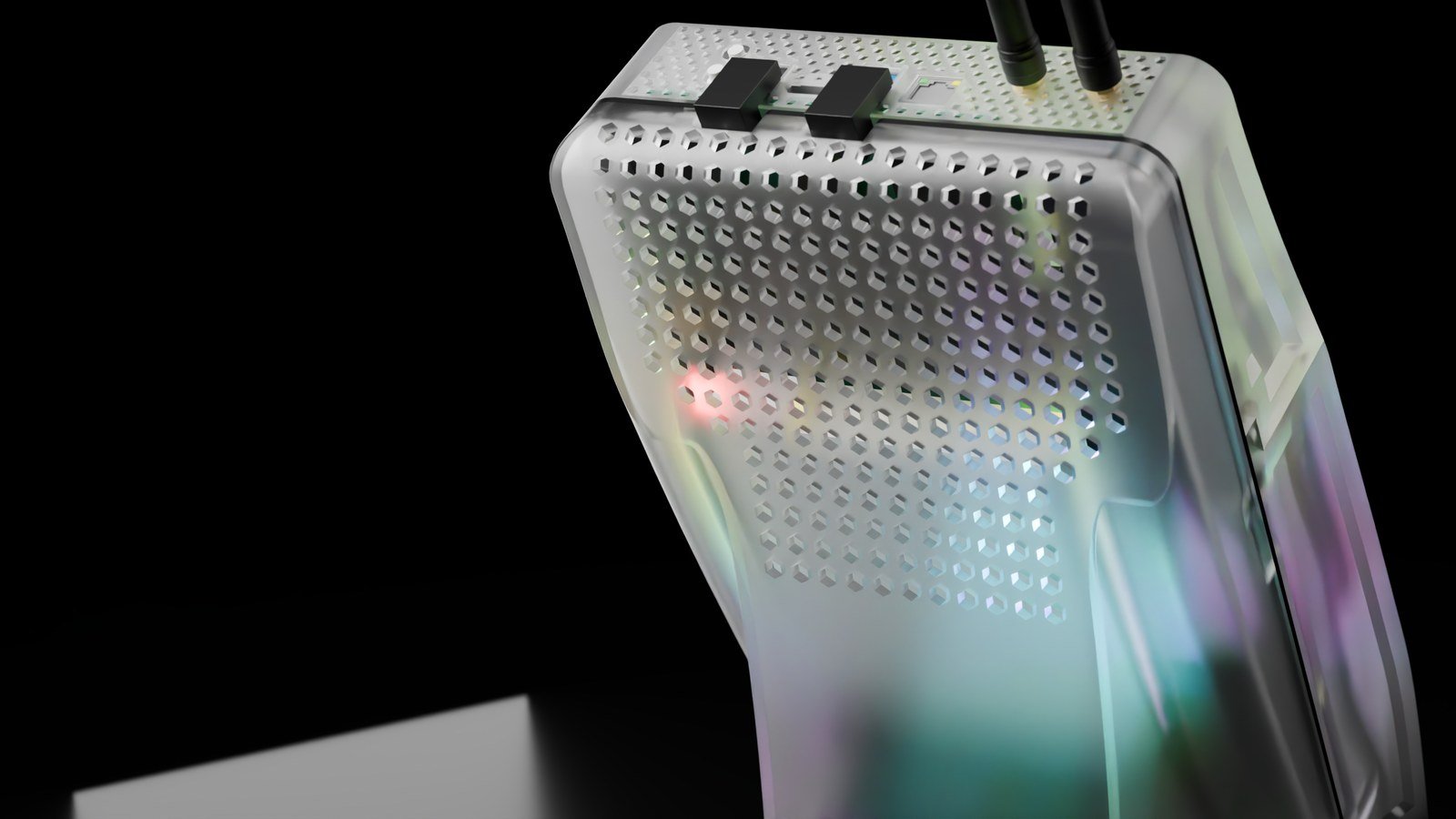 CAD-based close-up of the rear cover's hexagonal ventilation pattern and printed surface texture.