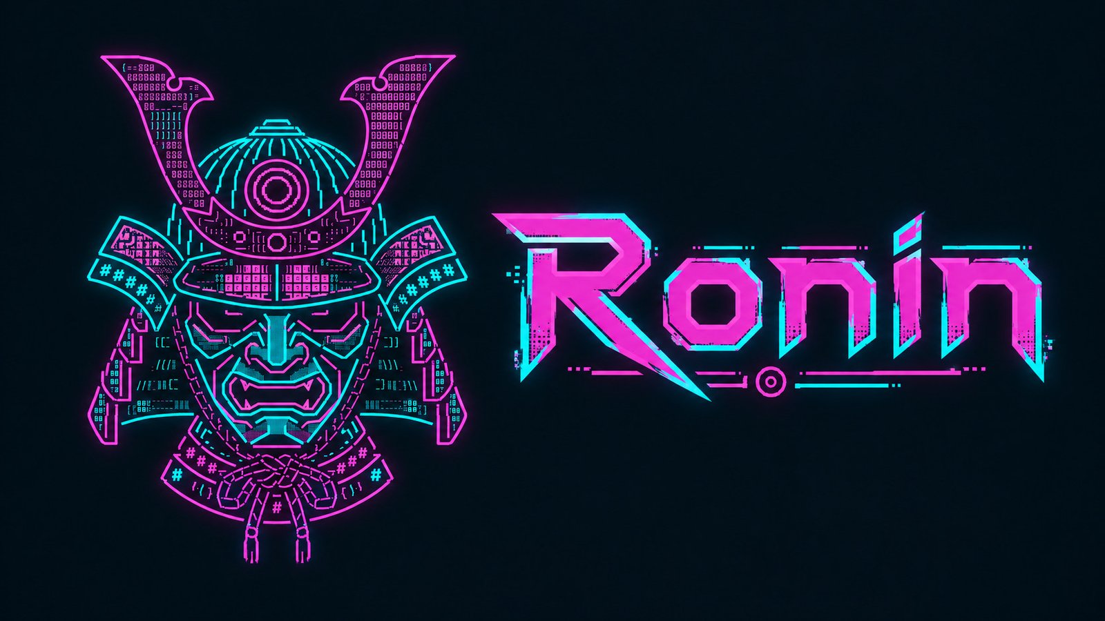 Ronin neon digital samurai helmet beside a cyan and magenta cyberpunk wordmark.