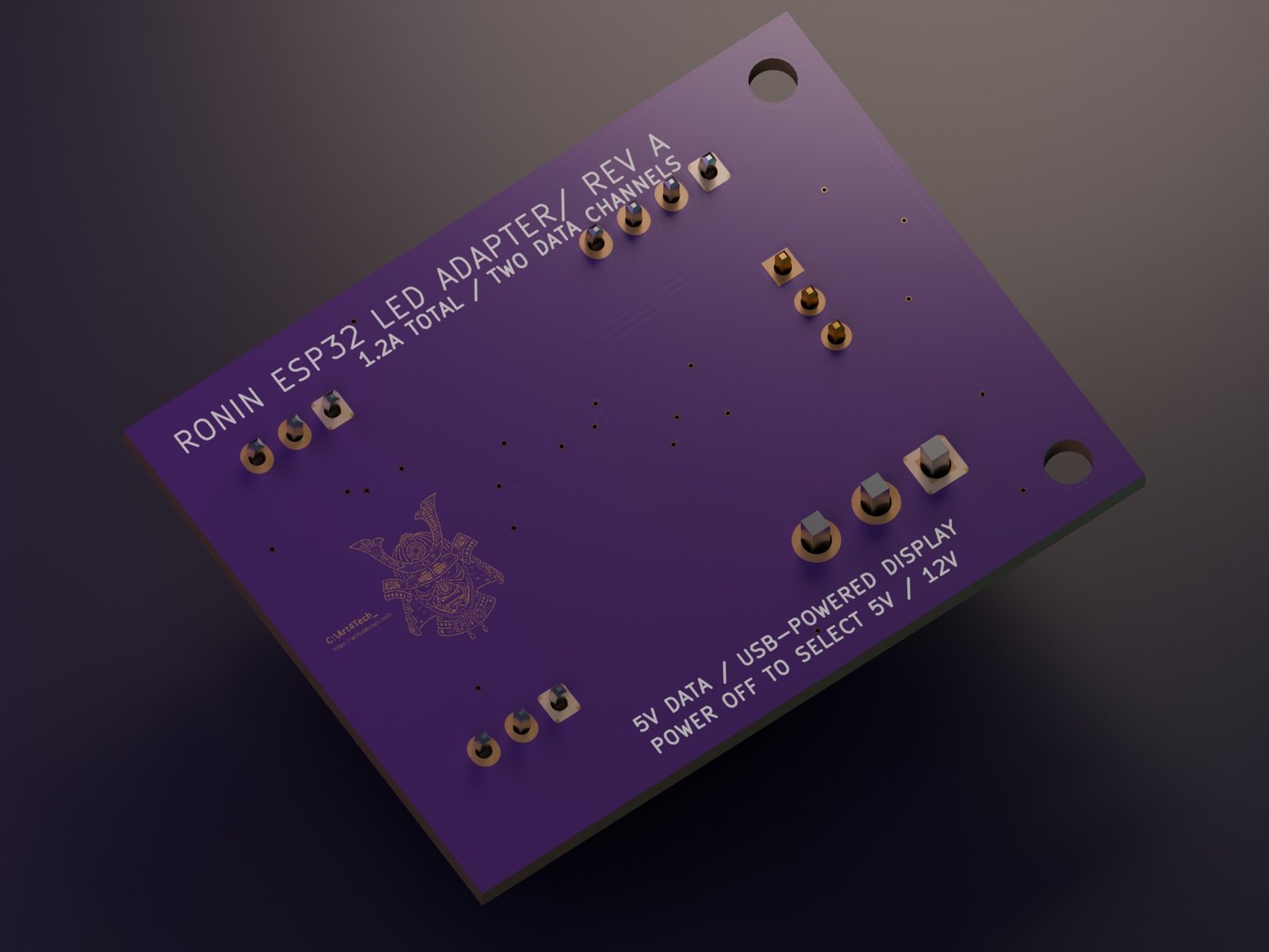 Blender render of the Ronin adapter underside, showing its exposed copper logo with a gold-finish material and the revised board name.