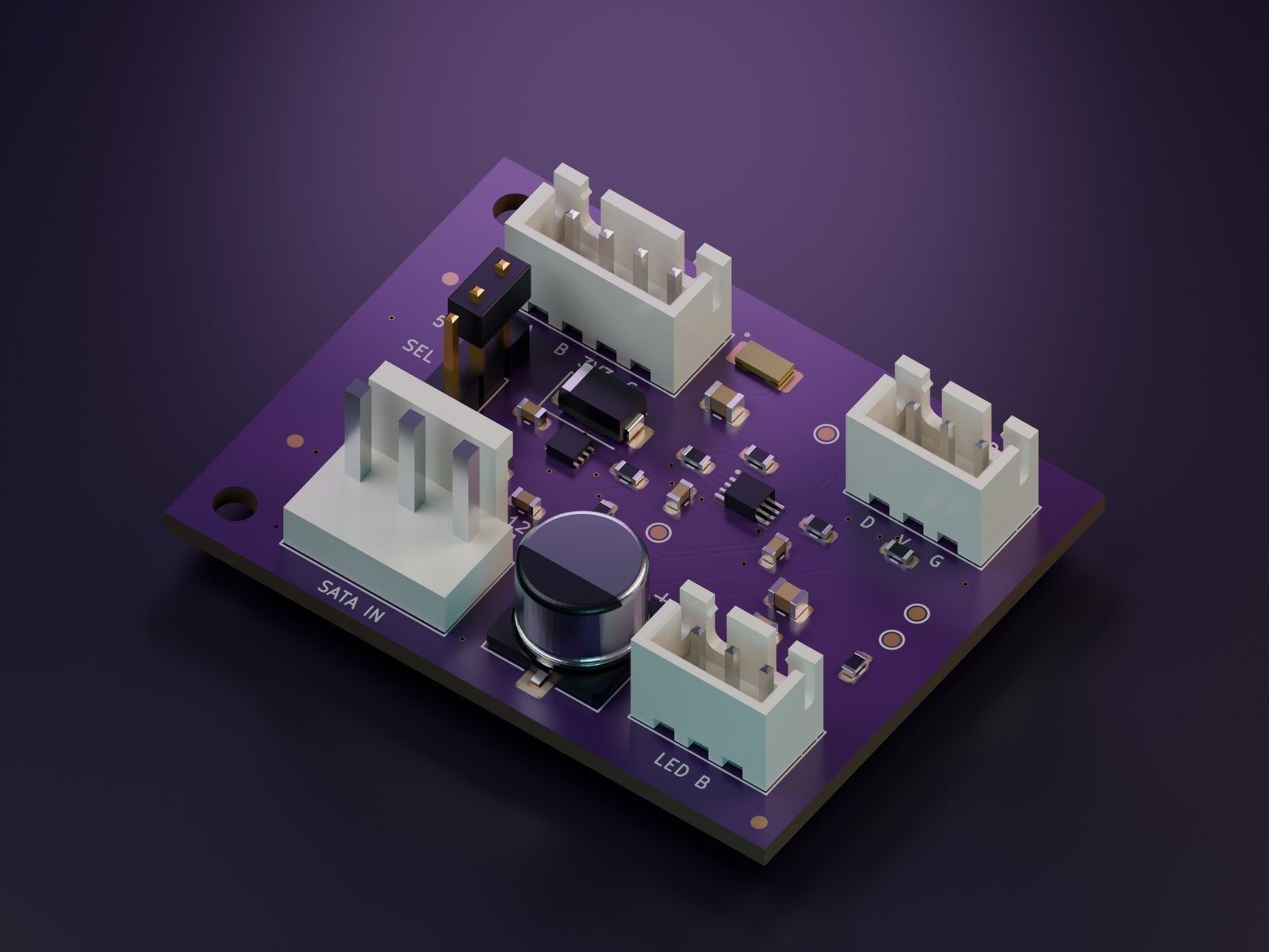 Blender studio render of the ordered Ronin LED adapter, with its power input, display connection and two LED outputs.