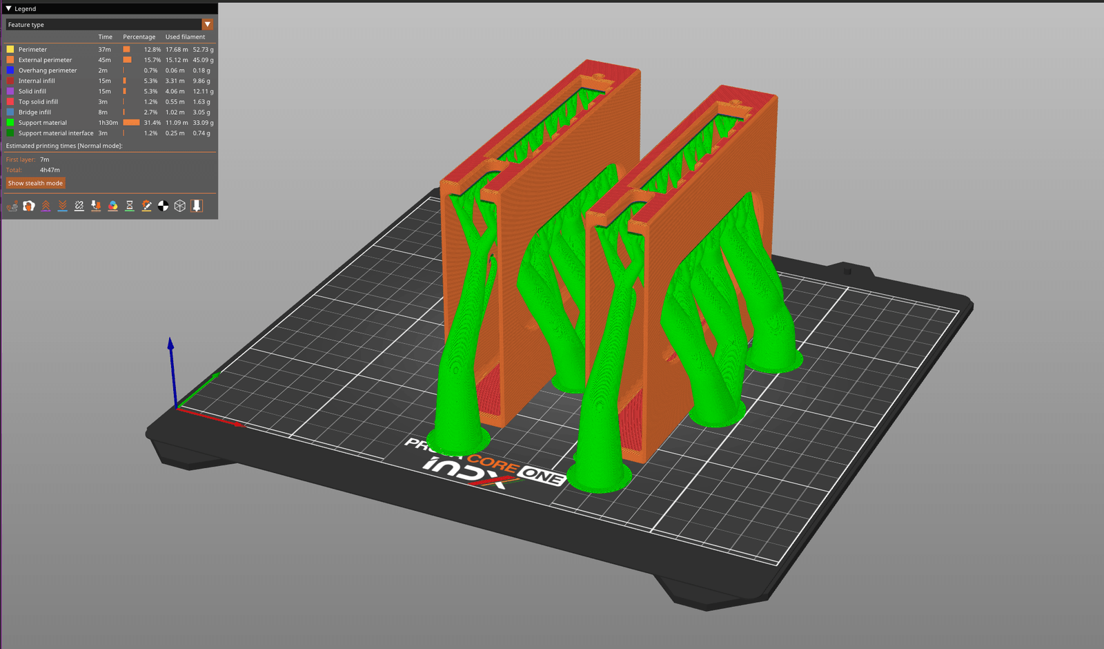 Actual slicer screenshot showing two custom UniFi switch mounts on a Prusa CORE One build plate, with layer paths and green support structures visible.